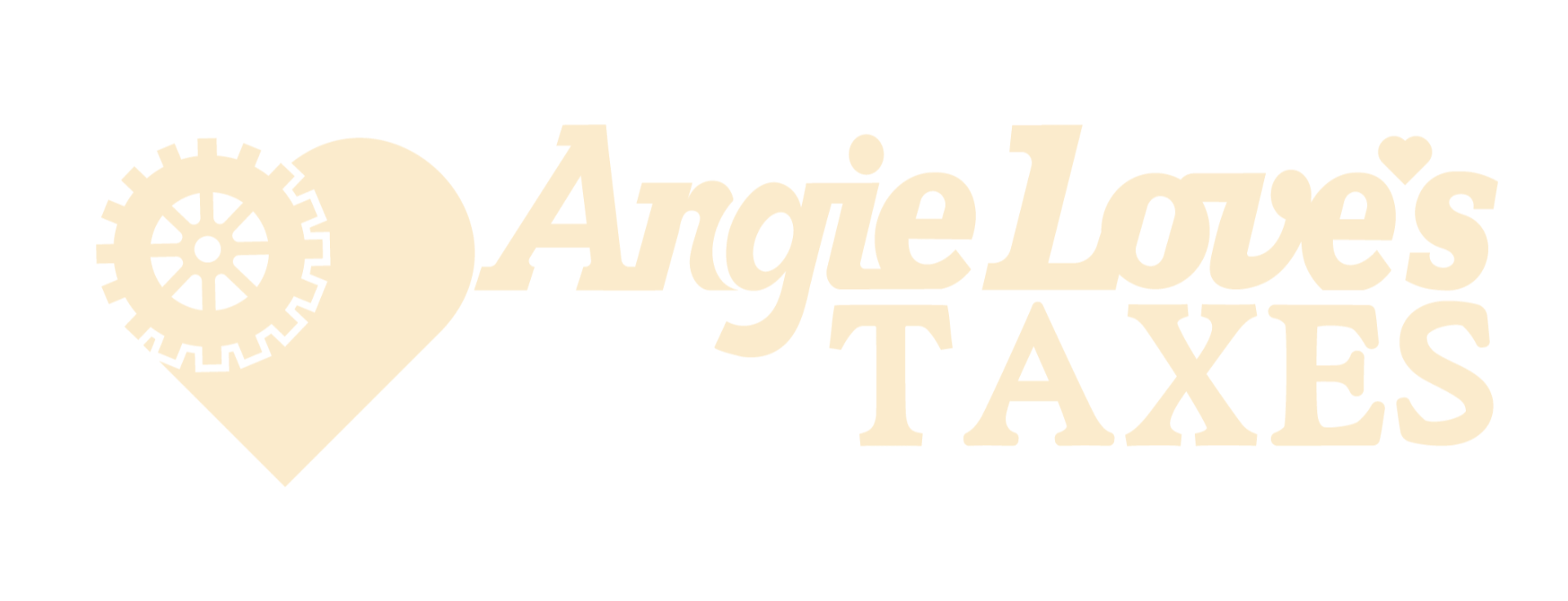Angie Love's Taxes Angie Love's Taxes text logo with a steampunk stylized heart with a gear in it to the left of the text.